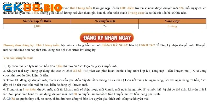 Thứ 2 GK88 khuyến mãi 5% áp dụng khi nạp 100 điểm